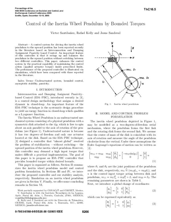 (PDF) Control of the Inertia Wheel Pendulum by Bounded Torques
