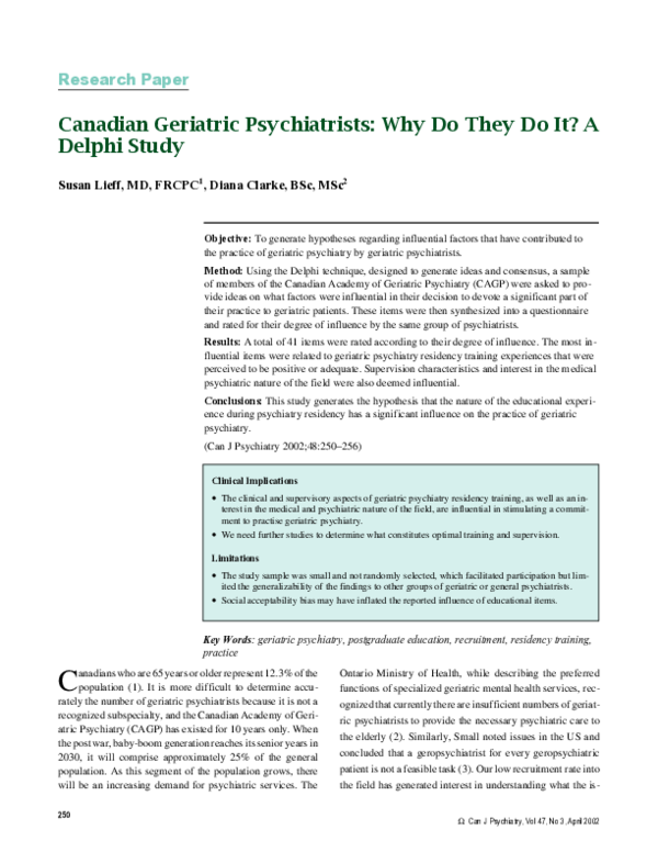 (PDF) Canadian geriatric psychiatrists why do they do it? A Delphi