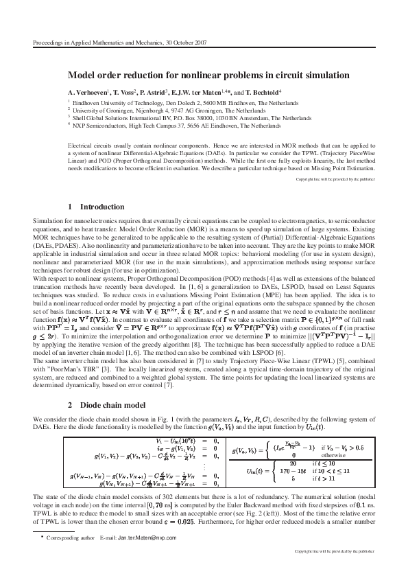 (PDF) Model order reduction for nonlinear problems in circuit simulation