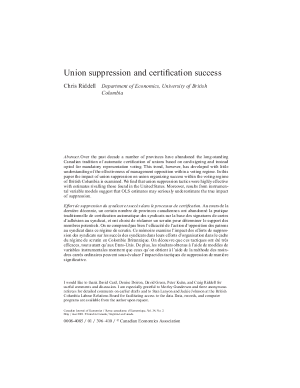 (PDF) Union suppression and certification success