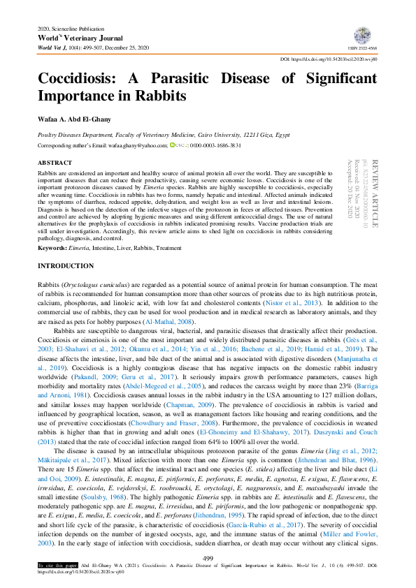 (PDF) Coccidiosis: A Parasitic Disease of Significant Importance in Rabbits