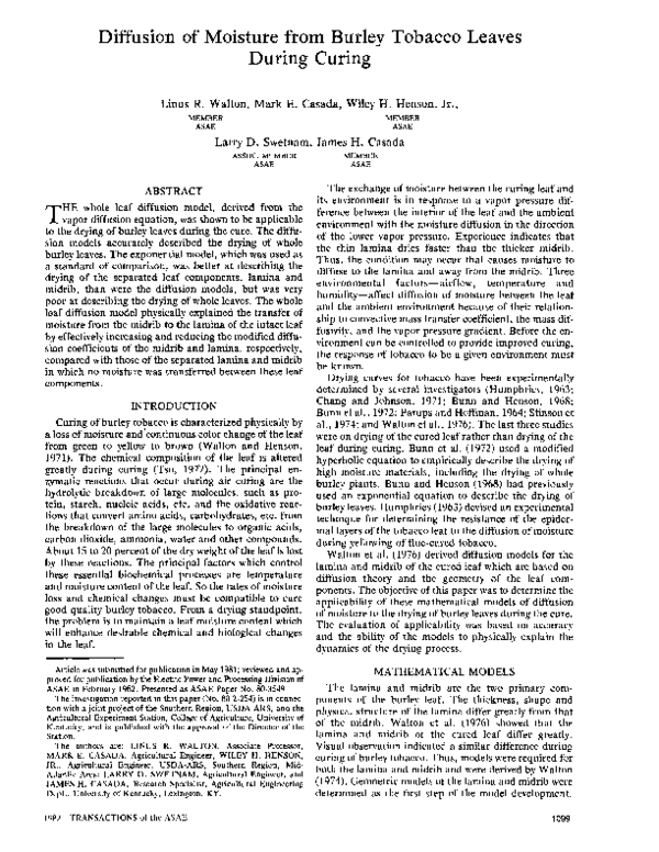 (PDF) Diffusion of Moisture from Burley Tobacco Leaves During Curing