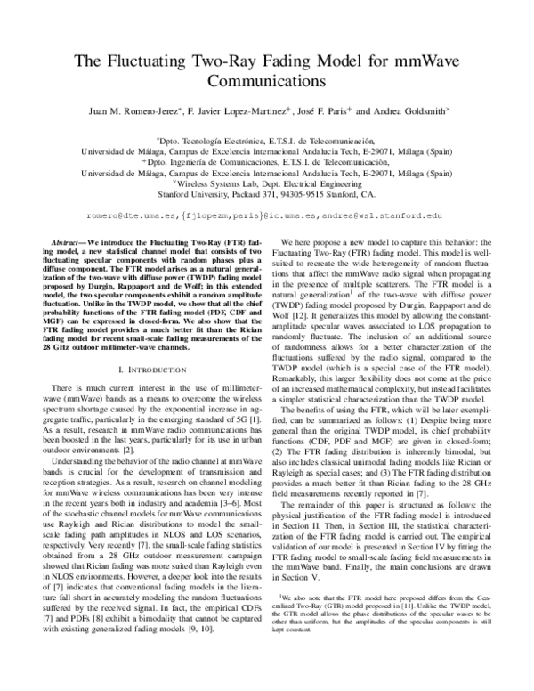(PDF) The Fluctuating Two-Ray Fading Model for mmWave Communications