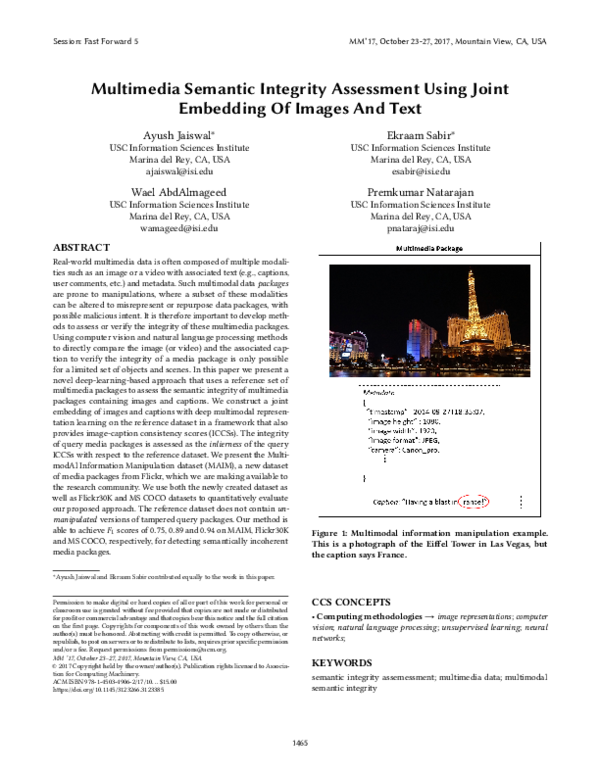 (PDF) Multimedia Semantic Integrity Assessment Using Joint Embedding Of ...