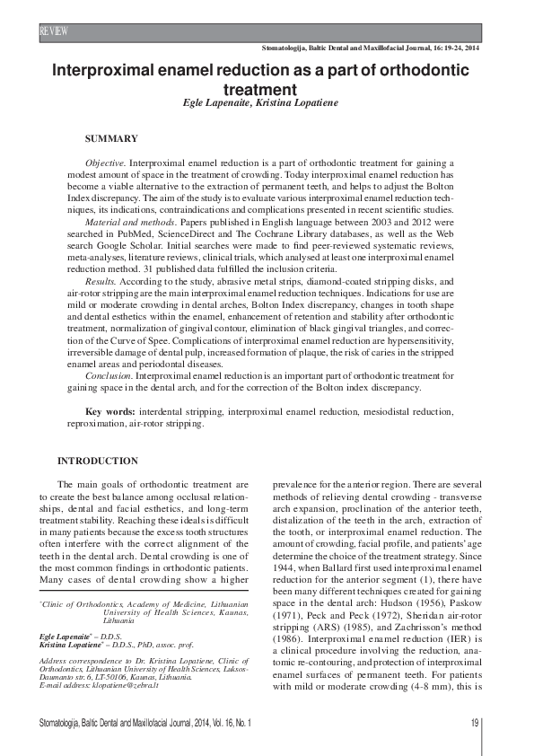 (PDF) Interproximal enamel reduction as a part of orthodontic treatment