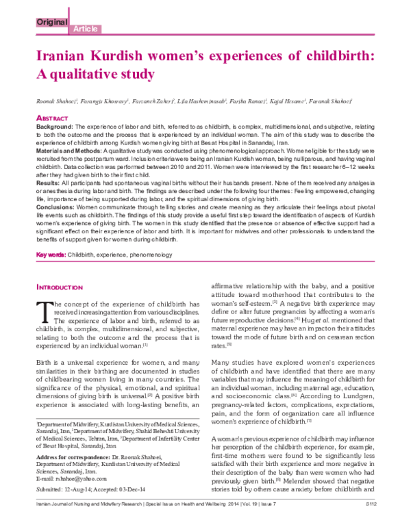 (PDF) Iranian Kurdish women's experiences of childbirth: A qualitative ...