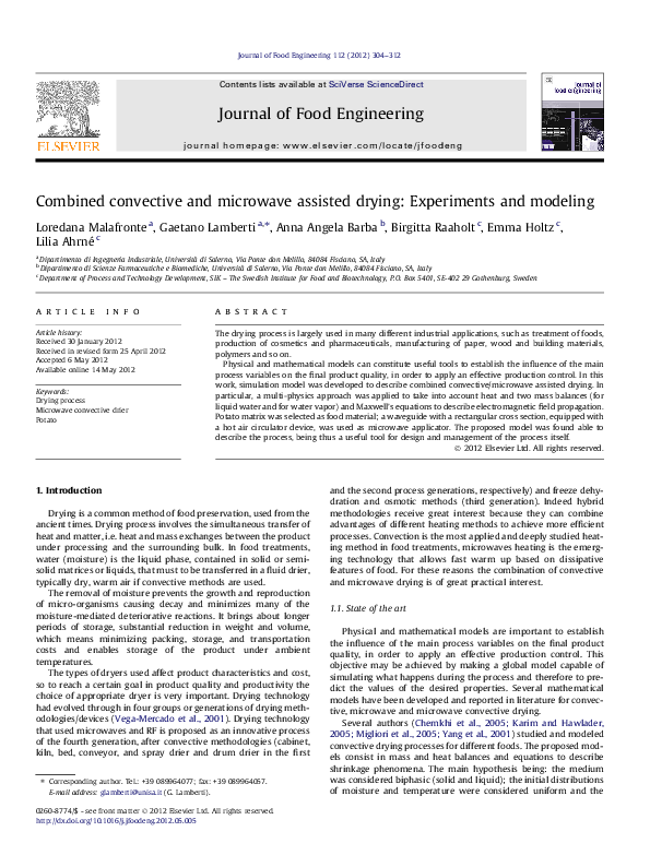 (PDF) Combined convective and microwave assisted drying: Experiments ...