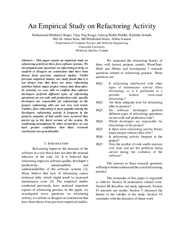 (PDF) An Empirical Study on Refactoring Activity