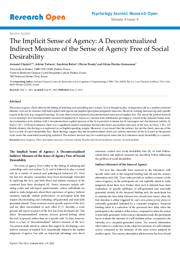 (PDF) The Implicit Sense of Agency: A Decontextualized Indirect Measure ...