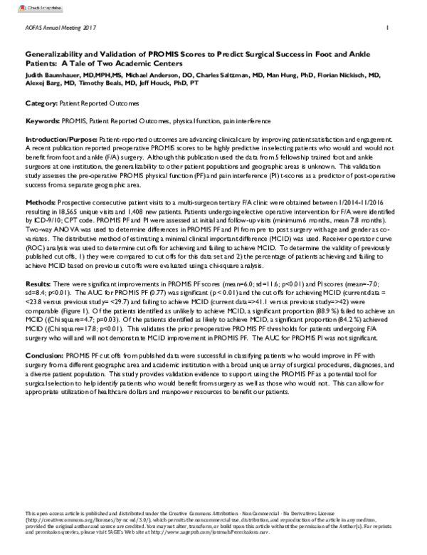 (PDF) Generalizability and Validation of PROMIS Scores to Predict ...