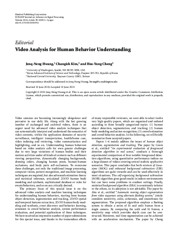 (PDF) Video Analysis for Human Behavior Understanding