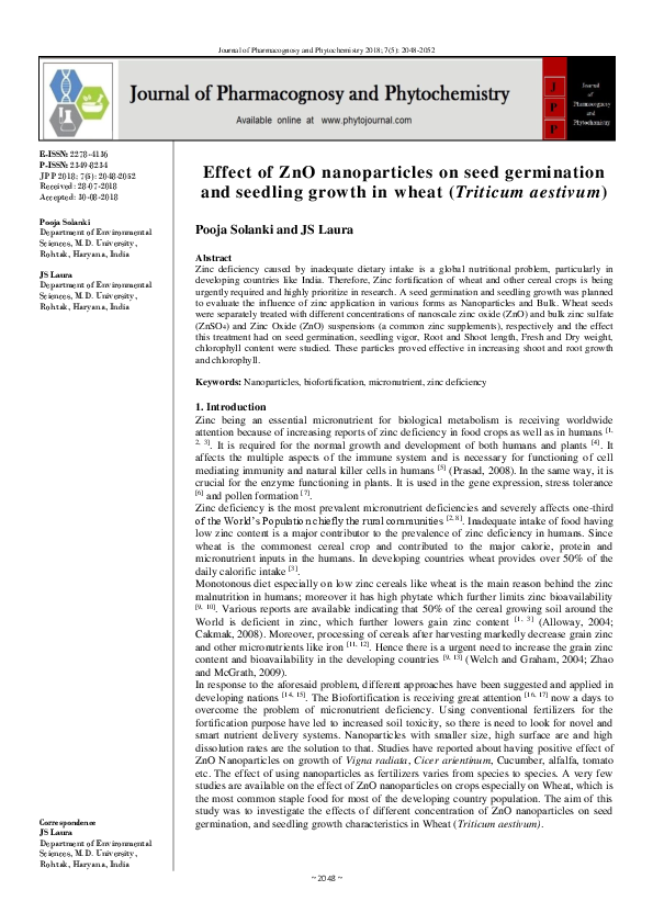 (PDF) Effect of ZnO nanoparticles on seed germination and seedling ...