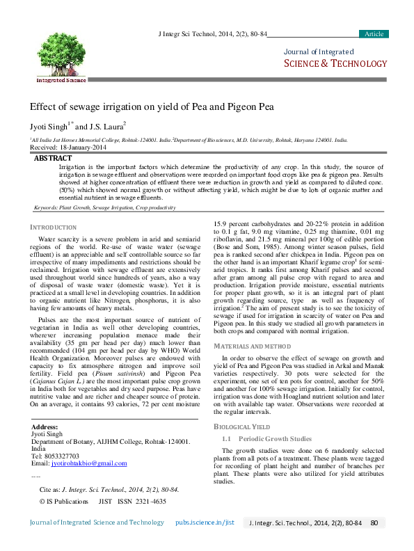 (PDF) Effect of sewage irrigation on yield of Pea and Pigeon Pea