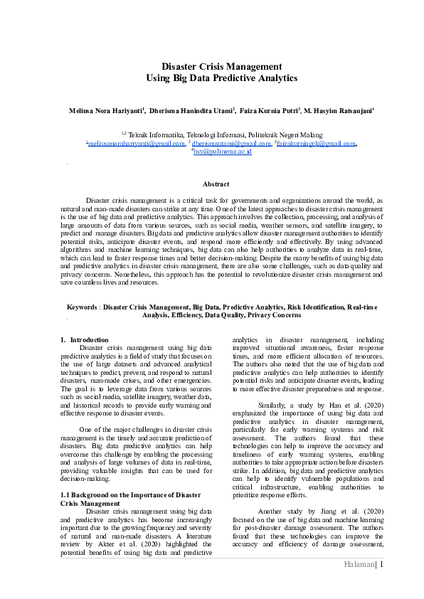 (PDF) Disaster Crisis Management Using Big Data Predictive Analytics