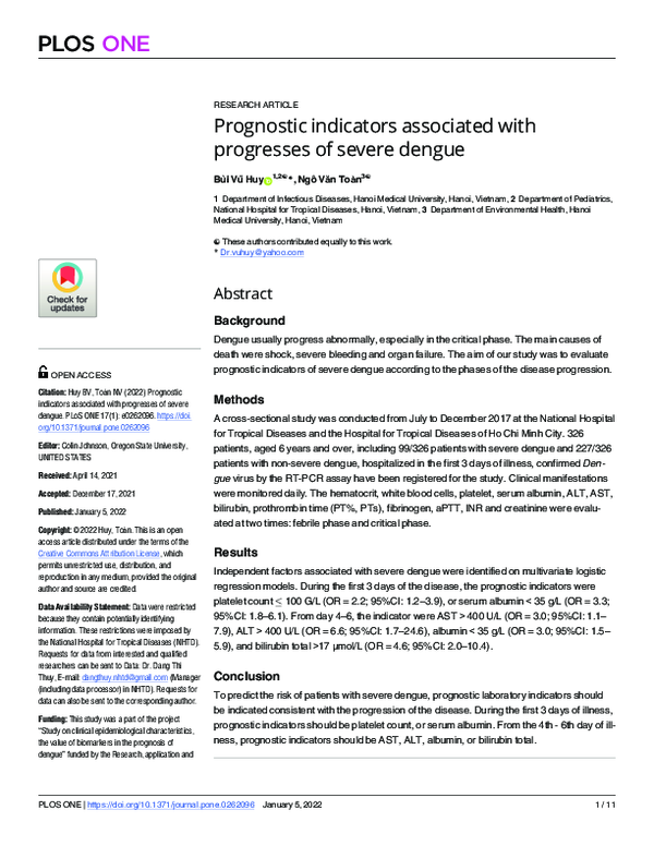(PDF) Prognostic indicators associated with progresses of severe dengue