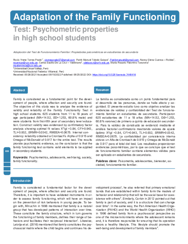 (PDF) Adaptation of the family functioning test: Psychometric ...