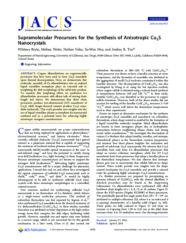 (PDF) Supramolecular Precursors for the Synthesis of Anisotropic Cu2S ...