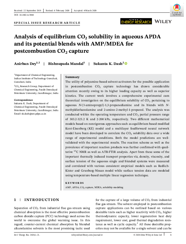 (PDF) Analysis of equilibrium CO 2 solubility in aqueous APDA and its ...