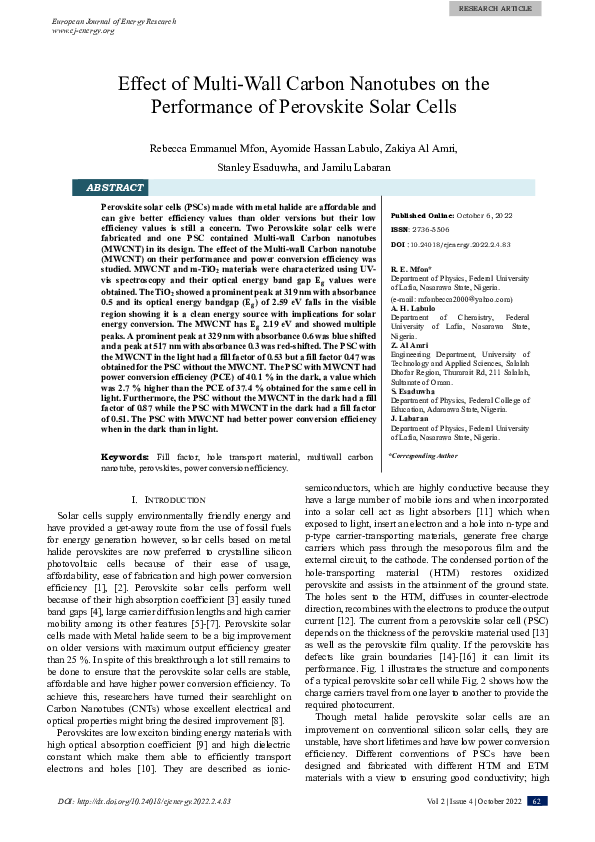 (PDF) Effect of Carbon Nanotubes on the performance of Perovskite Solar ...