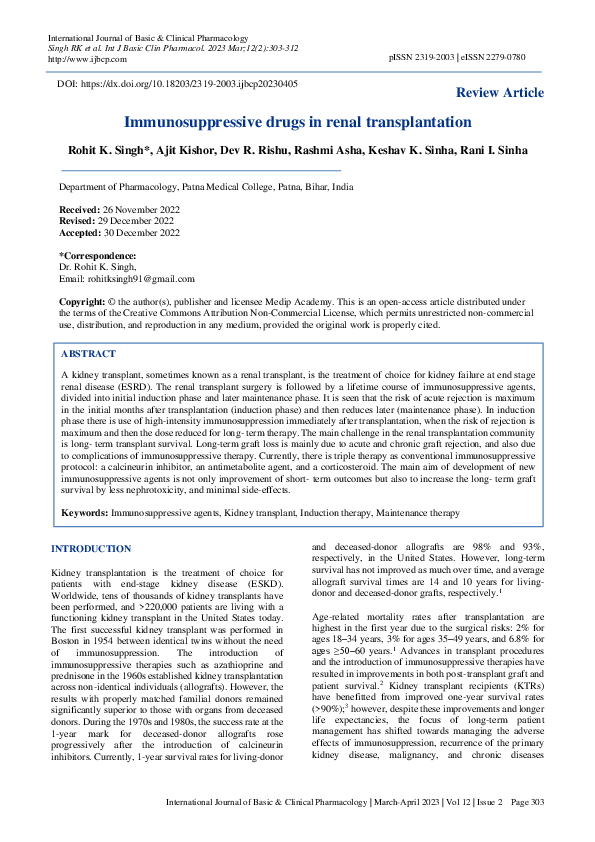 (PDF) Immunosuppressive drugs in renal transplantation