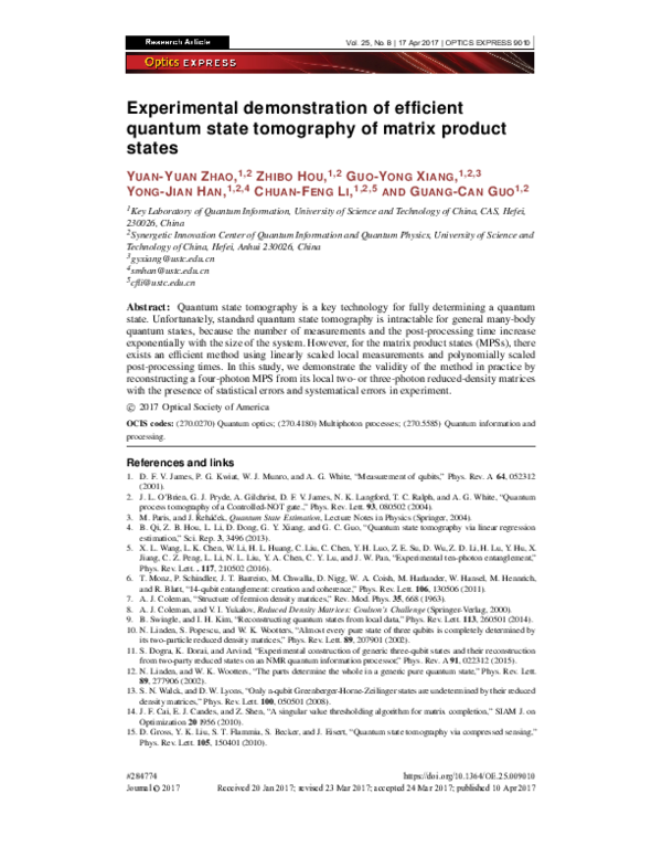 (PDF) Experimental demonstration of efficient quantum state tomography ...