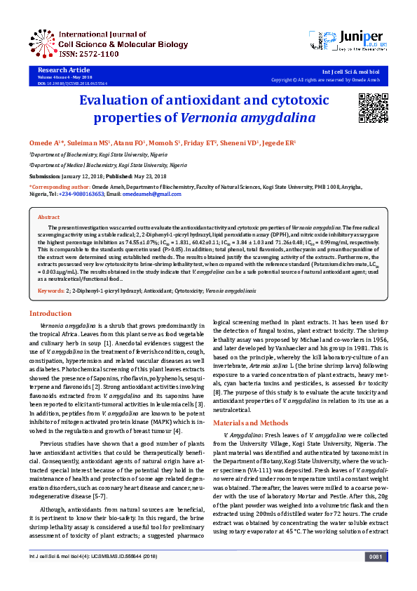 (PDF) Evaluation of antioxidant and cytotoxic properties of Vernonia ...