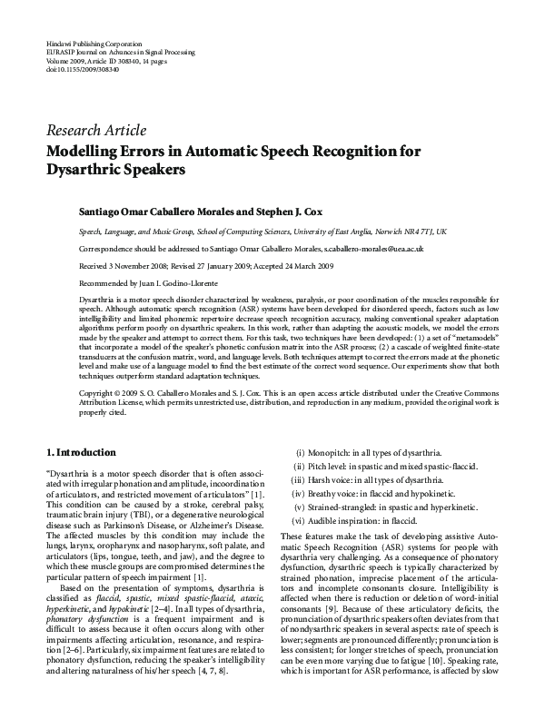 (PDF) Modelling Errors in Automatic Speech Recognition for Dysarthric ...