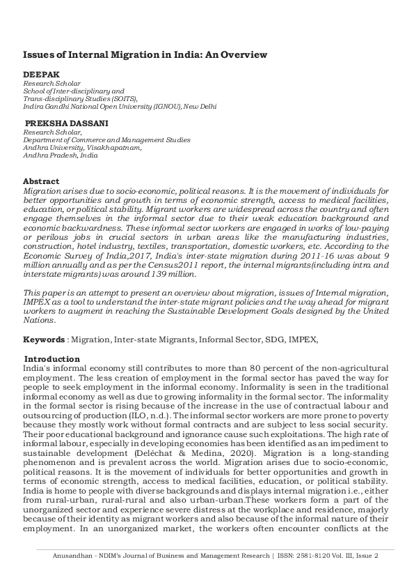 (PDF) Issues of Internal Migration in India: An Overview