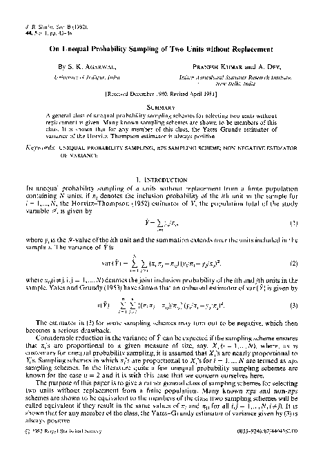 (PDF) On Unequal Probability Sampling of Two Units Without Replacement