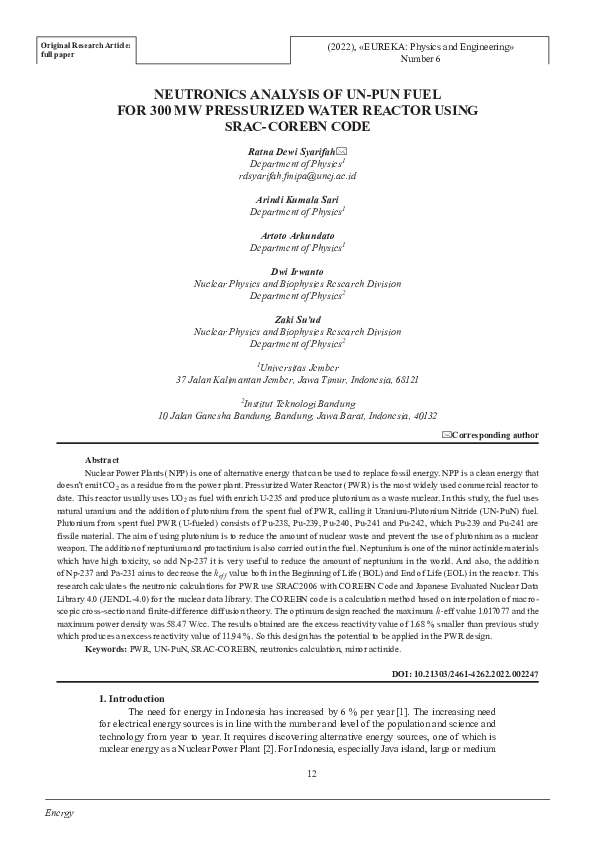 (PDF) Neutronics analysis of UN-PuN fuel for 300MW pressurized water ...