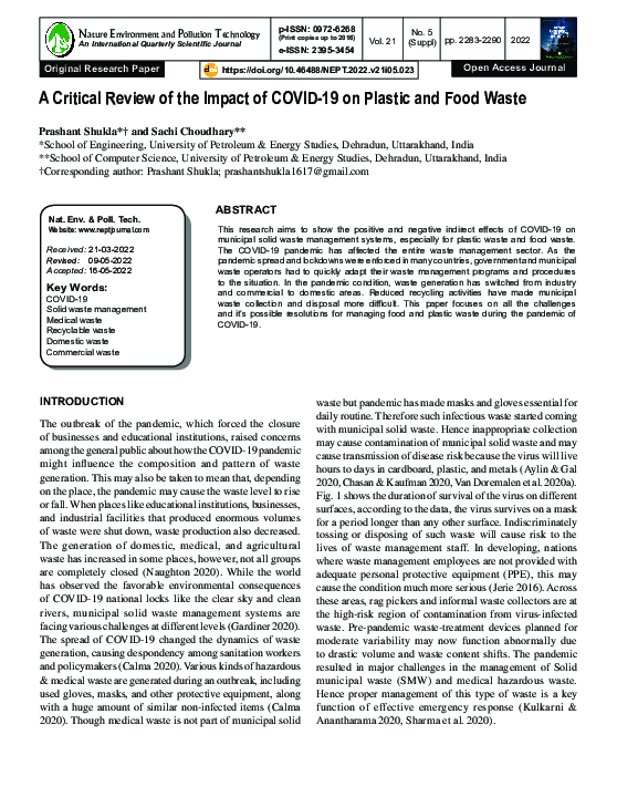 (PDF) A Critical Review of the Impact of COVID-19 on Plastic and Food Waste