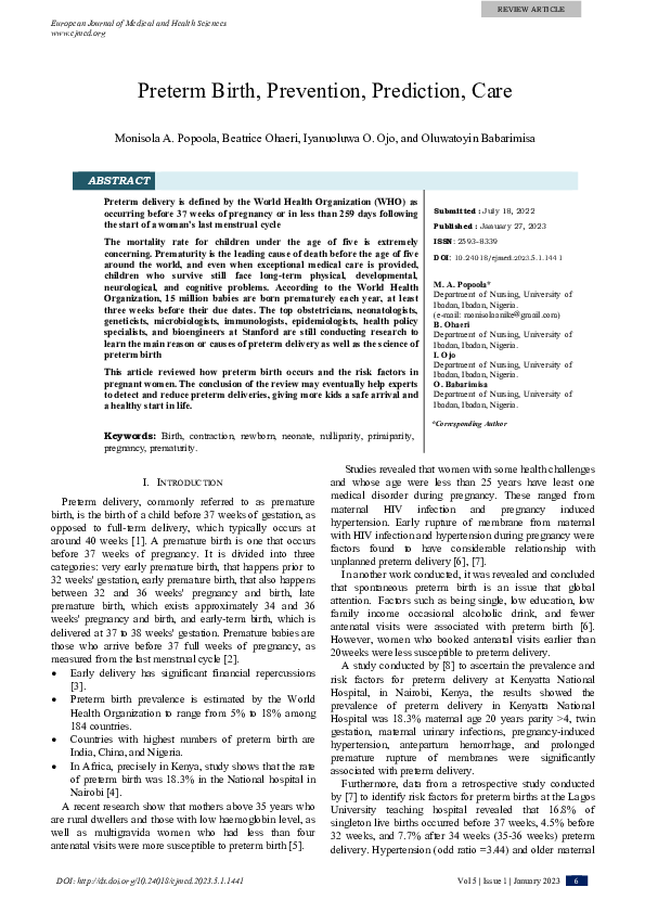 (PDF) Preterm Birth, Prevention, Prediction, Care
