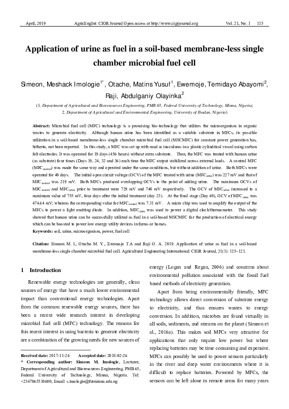 (PDF) Application of Urine as Fuel in a Soilbased Membraneless Single Chamber Microbial Fuel