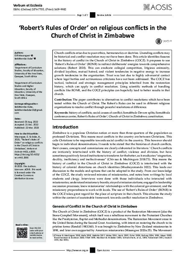 (PDF) ‘Robert’s Rules of Order’ on Religious Conflicts in the Church of ...