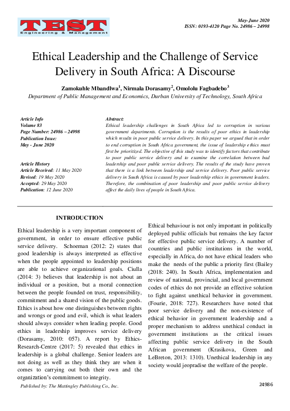 (PDF) Ethical leadership and the challenge of service delivery in South ...