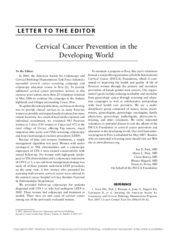 (PDF) Cervical Cancer Prevention in the Developing World