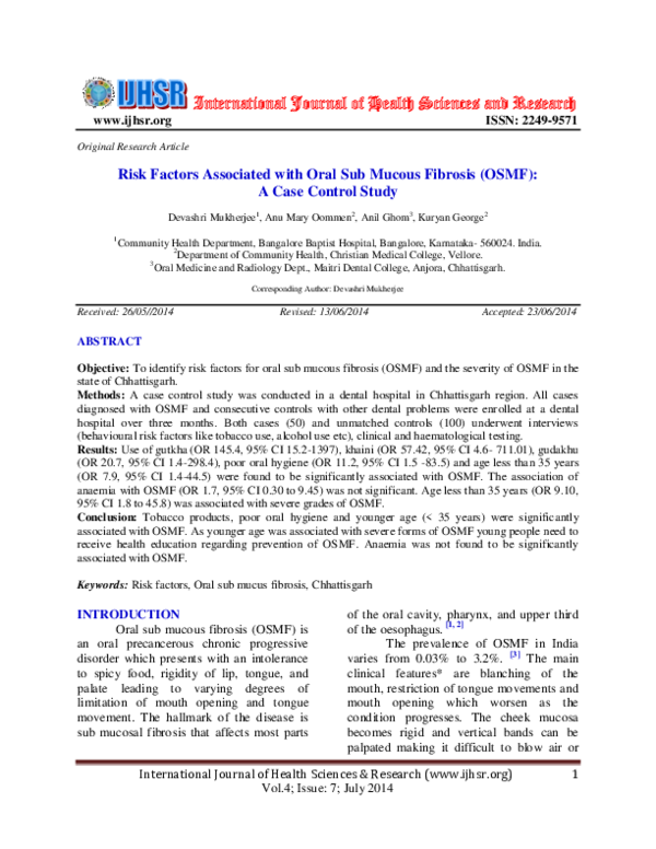 (PDF) Risk Factors Associated with Oral Sub Mucous Fibrosis (OSMF): A ...
