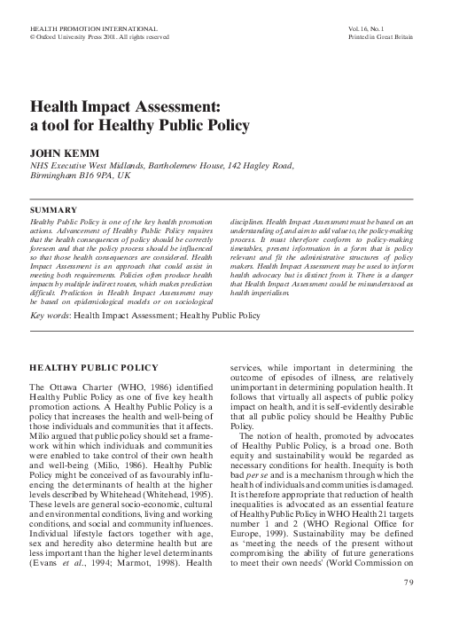 (PDF) Health Impact Assessment: a tool for Healthy Public Policy