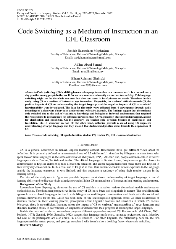 (PDF) Code Switching as a Medium of Instruction in an EFL Classroom