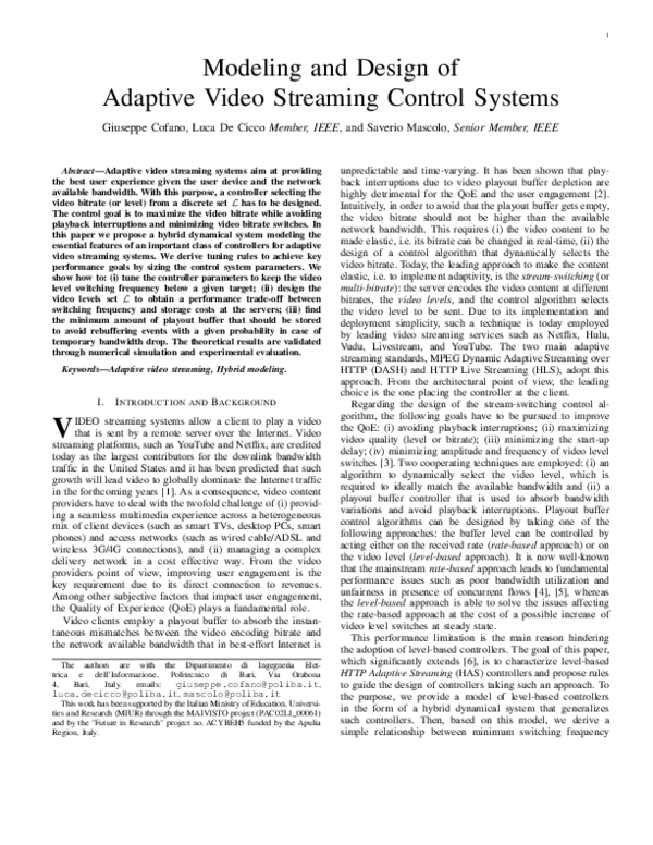 (PDF) Modeling and Design of Adaptive Video Streaming Control Systems