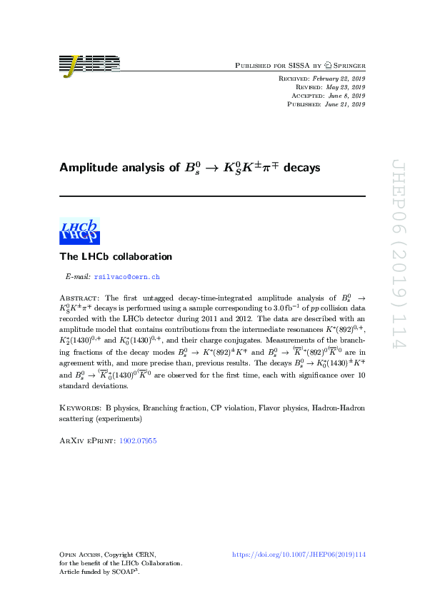 (PDF) Amplitude analysis of B0 s → K0 SK±π∓ decays
