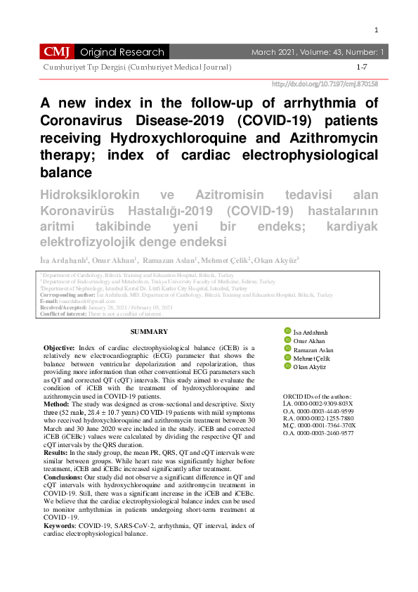 (PDF) A New Index in the Follow-Up of Arrhythmia of Coronavirus Disease ...
