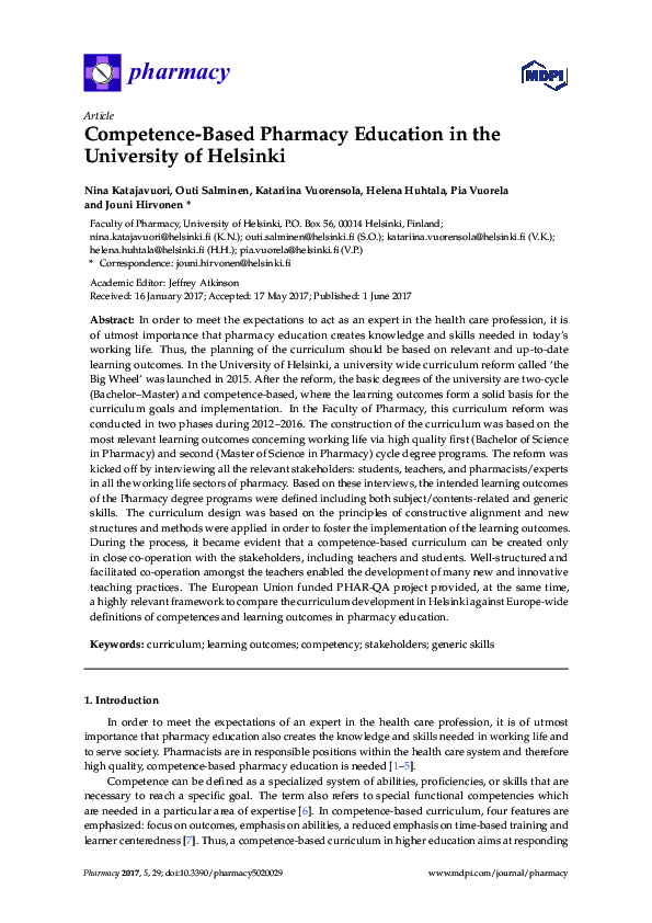 (PDF) Competence-Based Pharmacy Education in the University of Helsinki