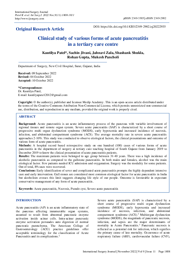 (PDF) Clinical study of various forms of acute pancreatitis in a ...