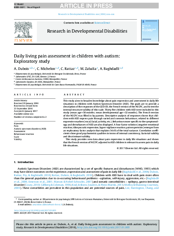 (PDF) Daily living pain assessment in children with autism: Exploratory ...