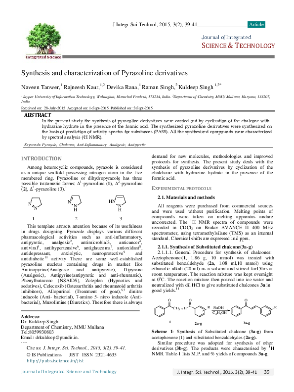 (PDF) Synthesis and characterization of Pyrazoline derivatives