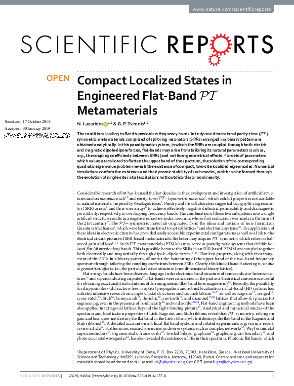 (PDF) Compact Localized States in Engineered Flat-Band $${\mathscr{P ...