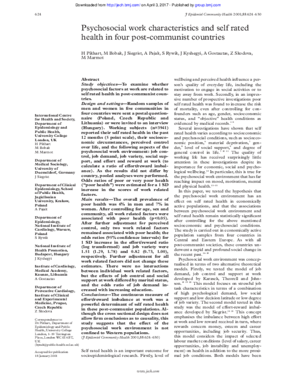 (PDF) Psychosocial work characteristics and self rated health in four ...