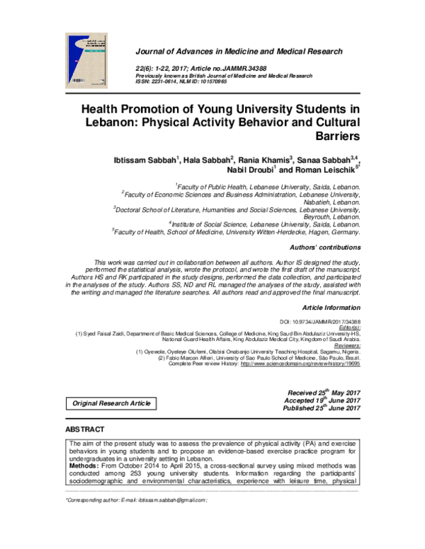 Pdf Health Promotion Of Young University Students In Lebanon