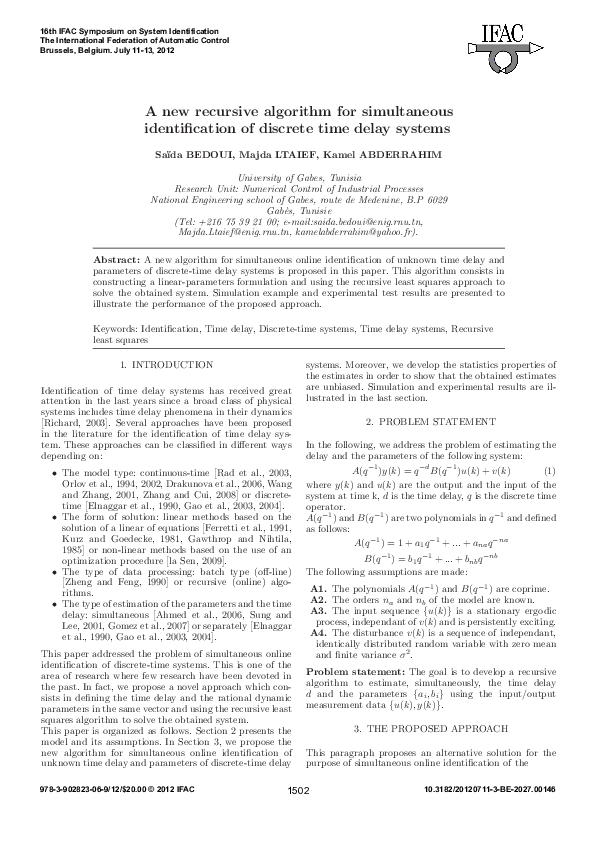(PDF) A new recursive algorithm for simultaneous identification of ...